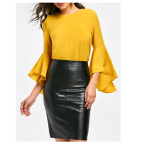 Flare Sleeve Blouse with Flounce - Yellow 